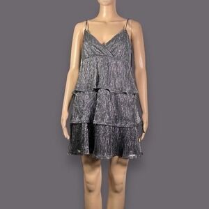NWT Rewind Black Glittery Spaghetti Strap Tiered Mini Dress Sz Medium - "Ellen"